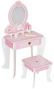 Set masa de toaleta pentru fetite, scaunel si oglinda, 6 accesorii, lemn, 92x34x49 cm, alb roz