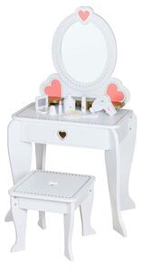 Set masa de toaleta pentru fetite, oglinda si scaun din lemn, 5 accesorii coafura si machiaj