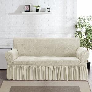 Husa elastica pentru canapea 3 locuri, cu volanas, model Jacquard, Bej deschis in dungi