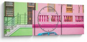 Tablou cu mașina - casele colorate (cu ceas) (90x30 cm)