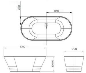 Cada baie freestanding ovala 170x75 cm cu preaplin Fibrex, OSLO Alb lucios