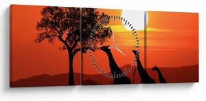 Tablou cu girafe în apus de soare (cu ceas) (90x30 cm)
