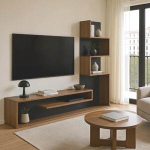 Comoda TV Cazeno cu biblioteca, finisaj stejar si gri inchis, 160 x 29 x 126 cm