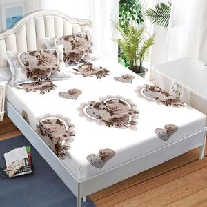 Husa de pat, finet, 180x200cm, 2 persoane, 3 piese, cu elastic, alb , cu trandafiri si inimi, HPF305