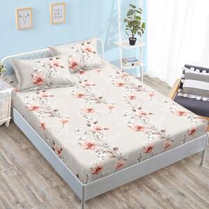 Husa de pat, 2 persoane, finet, 3 piese, cu elastic, bej , cu flori roz, HPF295