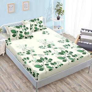 Husa de pat, 2 persoane, finet, 3 piese, cu elastic, crem , cu frunze verzi, HPF294