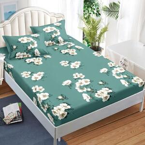 Husa de pat, 2 persoane, finet, 3 piese, cu elastic, verde , cu flori albe, HPF308