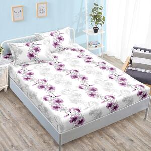 Husa de pat, 2 persoane, finet, 3 piese, cu elastic, alb , cu flori mov, HPF297