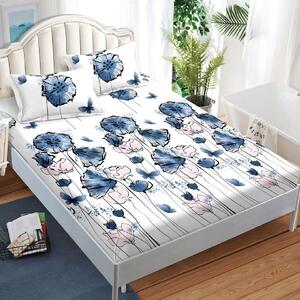 Husa de pat, 2 persoane, finet, 3 piese, cu elastic, alb , cu flori albastre, HPF306