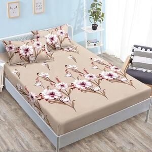 Husa de pat, 2 persoane, finet, 3 piese, cu elastic, crem , cu flori roz, HPF309