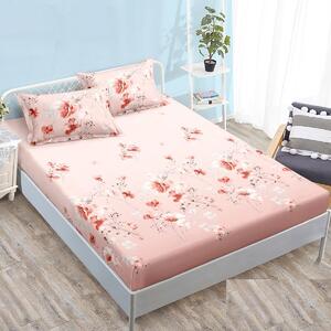 Husa de pat, 2 persoane, finet, 3 piese, cu elastic, roz , cu floricele, HPF298