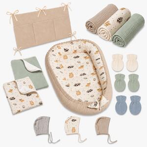 Set bebe nou-nascut 6 piese cu Baby Nest din muselina 90x50 cm, 3 paturici din muselina, 2 aleze reutilizabile impermeabile, organizator patut, 3 caciulite si 3 perechi manusi anti-zgarieturi Kidizi - Cuddly Buddies