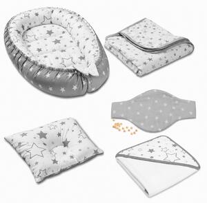 Set bebe nou-nascut 5 piese Kidizi - Baby Nest Cocoon 90x50 cm, prosop cu gluga 90x90 cm, paturica din muselina, perna impotriva plagiocefaliei si centura anticolici