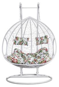 Fotoliu leagan dublu, suspendat, cu perne moi, rezistente la UV, împletitură tip răchită, structură metalică, pentru interior și exterior, Alb/Floral