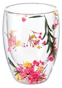 Pahar cu inserție de flori uscate galben, roz și verde, floarea miresei, pereți dubli, sticlă borosilicată, 300 ml, Aurora Bloom