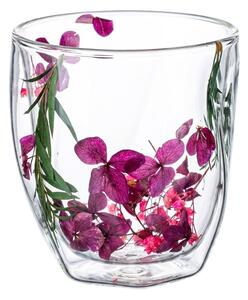 Pahar cu inserție de flori uscate mov, roz și verde, hortensie, pereți dubli, sticlă borosilicată, 250 ml, Aurora Bloom