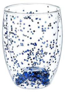 Pahar cu inserție de confetti steluțe albastre și negre, pereți dubli, sticlă borosilicată, 300 ml, Aurora Glow
