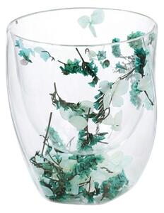 Pahar cu inserție de flori uscate verzi, hortensie și limonium, pereți dubli, sticlă borosilicată, 250 ml, Aurora Bloom