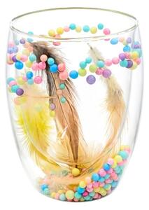 Pahar cu inserție de pene și biluțe colorate pastel, pereți dubli, sticlă borosilicată, 300 ml, Aurora Bloom