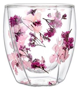 Pahar cu inserție de flori uscate roz, hortensie și limonium, pereți dubli, sticlă borosilicată, 250 ml, Aurora Bloom