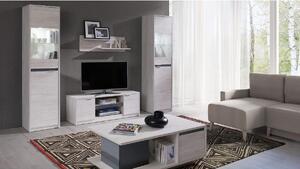 Mobilă sufragerie DENVER 2 - Comodă TV RTV2D + 2x vitrină + masă cafea + raft, stejar alb/grafit luciu