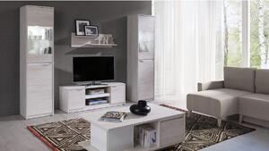 Mobilă sufragerie DENVER 2 - Comodă TV RTV2D + 2x vitrină + masă cafea + raft, stejar alb/alb luciu