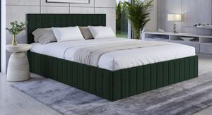 Pat tapitat de dormitor, stofa textil verde smarald, 160x200, matlasat complet, cadru suport de saltea fix inclus