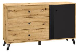 Comoda cu 3 sertare si 1 usa, stejar artisan negru, 138x83x40 cm, modern ,model pe mijloc usa, picioare negre , pentru living , dormitor, hol