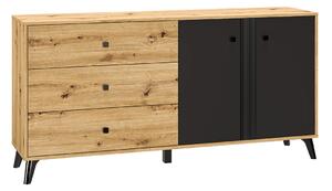 Comoda cu 3 sertare si 2 usi, stejar artisan negru, 165x83x40 cm, modern ,model pe mijloc usa, picioare negre , pentru living , dormitor, hol