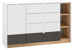 Comoda living dormitor hol cu 4 sertare si 1 usa , alb mdf grafit stejar, 138x86x40 cm, canturi abs, cu rafturi