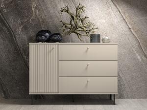 Comoda living dormitor hol cu 3 sertare si 1 usa , casmir mdf casmir cu model , 120x85x40 cm, canturi abs, cu rafturi, picioare negre butoni auriu
