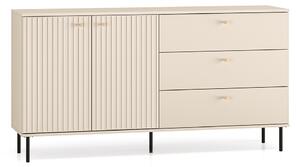Comoda living dormitor hol cu 3 sertare si 2 usi , casmir mdf casmir cu model , 160x85x40 cm, canturi abs, cu rafturi, picioare negre butoni auriu