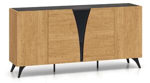 Comoda 170 cm lungime, design exclusivist, sistem push open , stejar portland stejar cafea inchis sticla neagra, picioare negre, 40 cm adancime