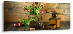 Tablou - lalele, râșniță și cafea (120x50 cm)