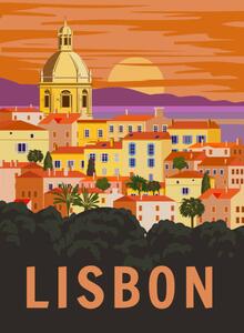 Ilustrație Lisbon VintageTravel Poster. Portugal cityscape landmark,, VectorUp