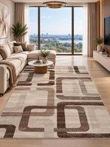 Covor Daffi 13151-130, Marime 60 x 110 cm, Crem, Maro, Inaltime Fir 6 mm, Antialergic, Polipropilena, Living, Dormitor, Sufragerie, Birou 60 x 110