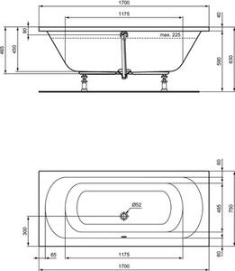 Cadă de baie dreptunghiulară Jungborn DIECI 170x75x46,5 cm acril alb