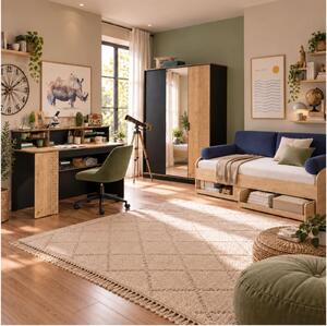 Set camera copii si adolescenti Pat cu sertare si perne, Dulap cu 3 usi si Birou cu unitate