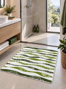 Covoras Antiderapant pentru Baie si Piscina Botanical Waves V24028D, 65 × 80 cm, Absorbant, tip Burete, PVC, Verde / Alb Botanical Waves