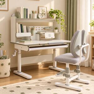 Set birou și scaun ergonomic pentru copii, înălțime reglabilă, blat înclinabil, spătar dublu adaptiv, rafturi și sertar organizator, 100 × 60 cm, gr