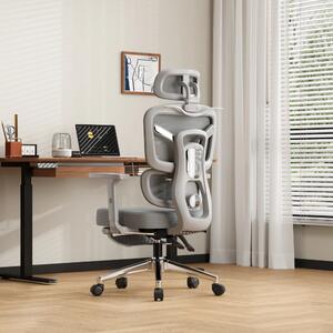 NEXORA CONFORT – Scaun ergonomic, suport lombar 3D adaptiv, tetieră 4D, cotiere 3D, șezut glisant, recliner 135°, suport pentru picioare, bază metalică, Mesh, Gri