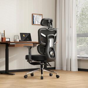 NEXORA CONFORT – Scaun ergonomic, suport lombar 3D adaptiv, tetieră 4D, cotiere 3D, șezut glisant, recliner 135°, suport pentru picioare, bază metalică, Mesh, Negru