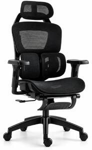 DOWINX H09 - Scaun Ergonomic, Suport lombar dublu reglabil, Tetieră 3D, Cotiere 3D, Înclinare 90°–135°, Suport picioare retractabil, Mesh, Negru