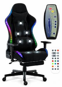 RESIGILAT- Scaun Gaming cu Masaj 7 Puncte și Încălzire, RGB, Iluminare LED Multicolor, Telecomenzi, Cotiere 3D, Reclinare 180°, Suport Picioare, Catifea, Negru