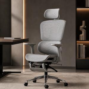AERION – Scaun ergonomic, spătar ergonomic segmentat, suport lombar 3D, tetieră reglabilă, cotiere 3D, suport pentru picioare, înclinare până la 145°, bază metalică, Mesh, Gri