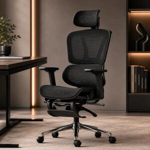 AERION – Scaun ergonomic, spătar ergonomic segmentat, suport lombar 3D, tetieră reglabilă, cotiere 3D, suport pentru picioare, înclinare până la 145°, bază metalică, Mesh, Negru