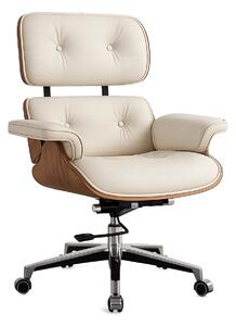 EXECUTIVE PRESTIGE – Scaun Directorial Ergonomic Premium, cu Piele PU, Furnir din Lemn Natur, Bază din Aluminiu, Reglaj pe Înălțime și Funcție de Înclinare, Alb