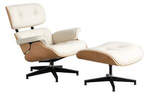 AVALON Accent Lounge Chair & Ottoman – Fotoliu Premium cu Taburet, Design Ergonomic, Piele Ecologică PU Premium, Furnir culoare Lemn Natural, Bază Pivotantă din Aluminiu, Alb