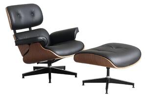 AVALON Accent Lounge Chair & Ottoman – Fotoliu Premium cu Taburet, Design Ergonomic, Piele Ecologică PU Premium, Furnir culoare Lemn Nuc, Bază Pivotantă din Aluminiu, Negru