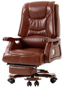 EXECUTIVE COMFORT 8007 –Scaun directorial din piele naturala si lemn masiv, Masaj in 9 puncte si Incalzire, rezistent 150 kg, Maro Inchis